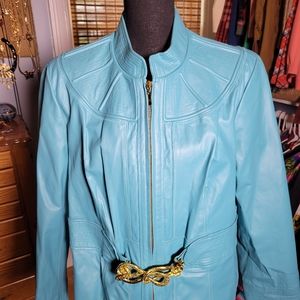 PAMELA MCCOY LEATHER JACKET WITH GOLD SNAKE BELT
